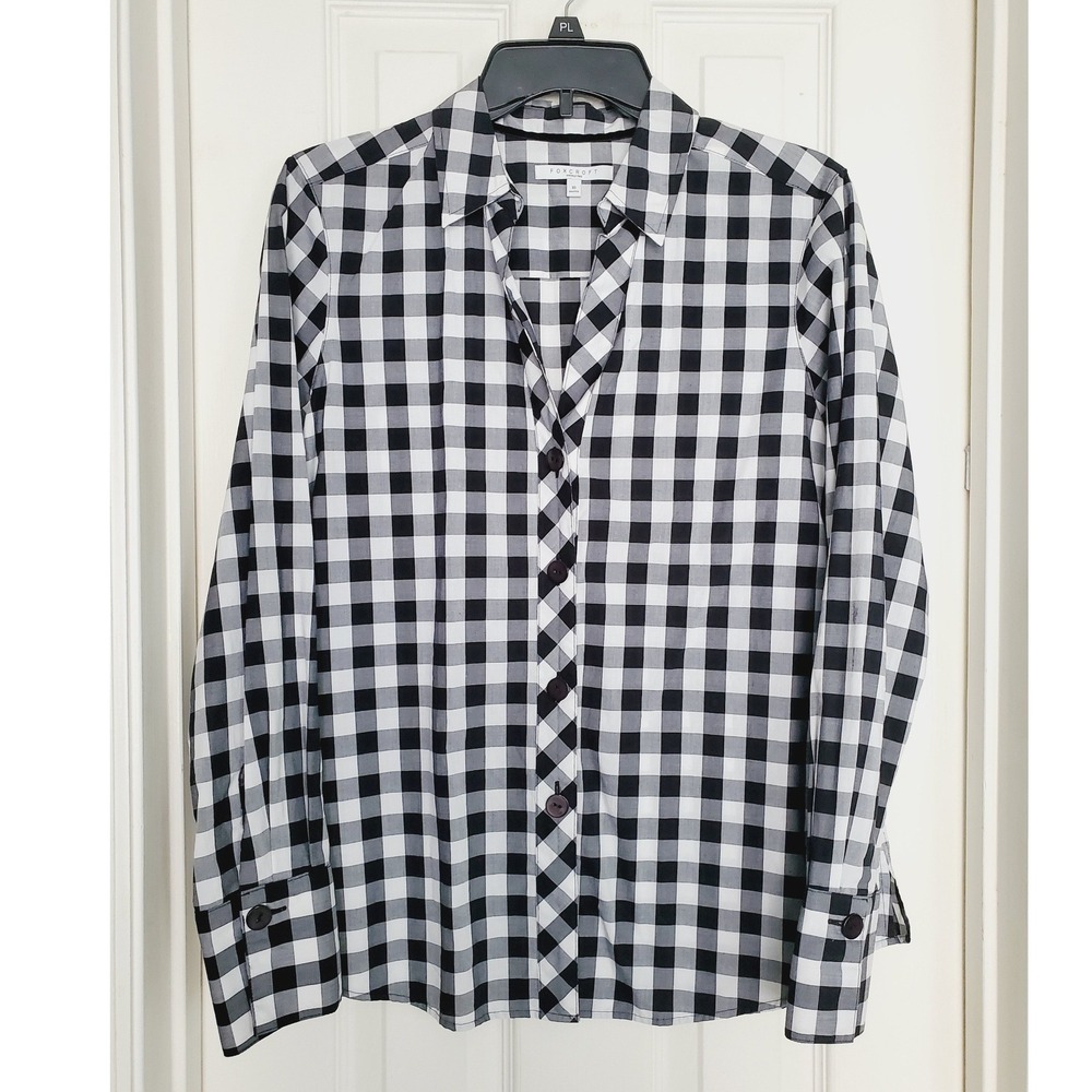 Foxcroft Checker Button Up Shirt Black White Gingham Wrinkle Free Cotton 10